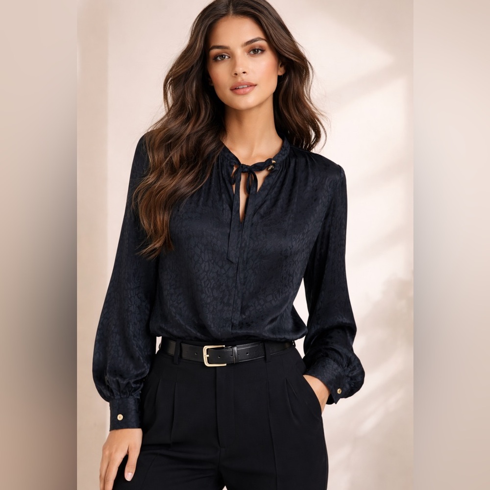 Satin Tie-Neck Long-Sleeve Blouse - Black